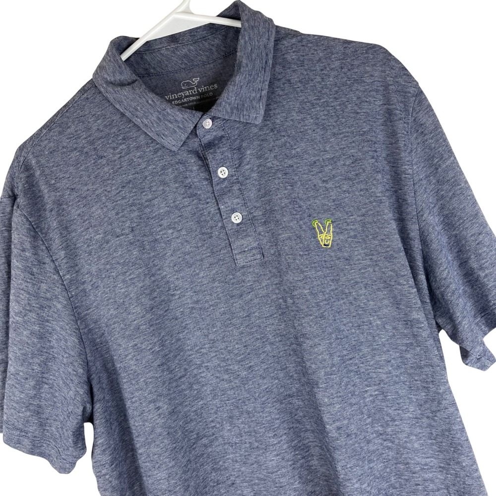 Vineyard Vines Edgartown Polo Mens Large Blue Heather PimaCotton Beer Logo Shirt